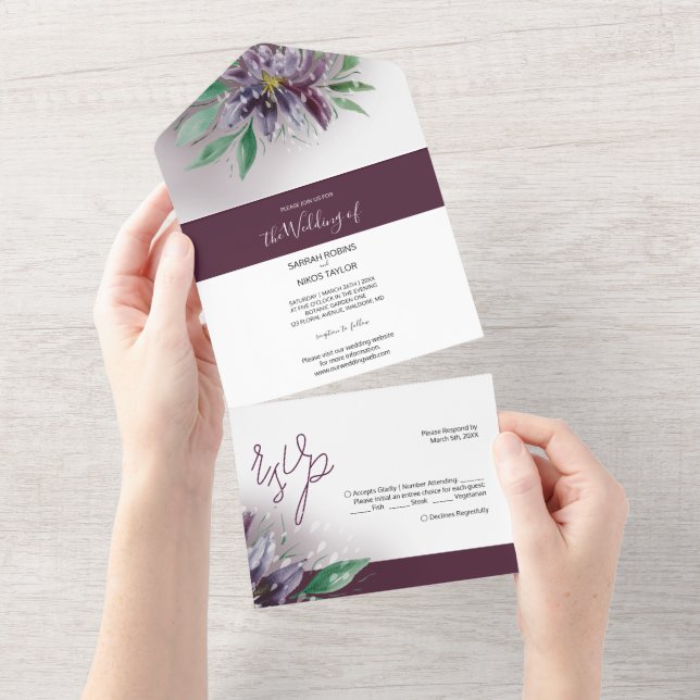 Invitation Tout En Un Aquarelle moderne violet lotus peinte à la main (Déchirure)
