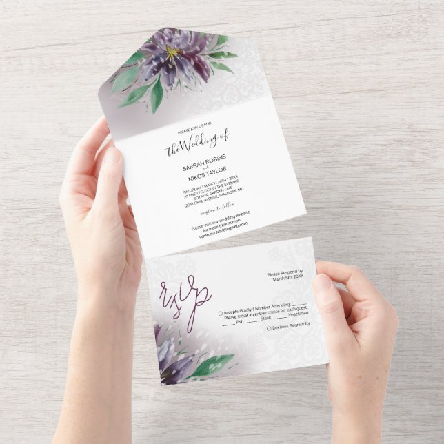 Invitation Tout En Un Aquarelle moderne violet lotus peinte à la main (Déchirure)