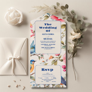 Invitation Tout En Un Aquarelle Oiseaux Peony Chinoiserie Jardin Mariage