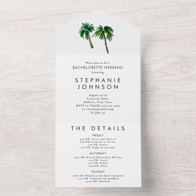 Invitation Tout En Un Aquarelle Palmiers tropicaux Bachelorette (À l'intérieur)
