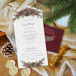 Invitation Tout En Un Aquarelle Pine vert Script Mariage de Noël