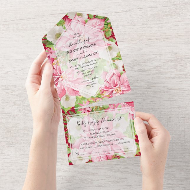 Invitation Tout En Un Aquarelle Poinsettia Mariage de Noël (Déchirure)