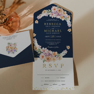 Invitation Tout En Un Aquarelle Ressort Floral Or Mariage bleu marine