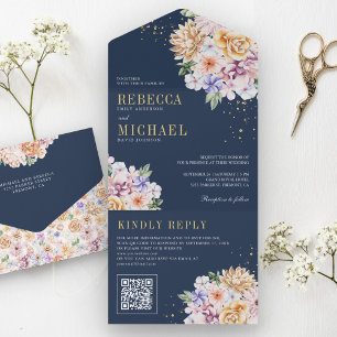 Invitation Tout En Un Aquarelle Ressort Floral Or QR Code Marine Mariage