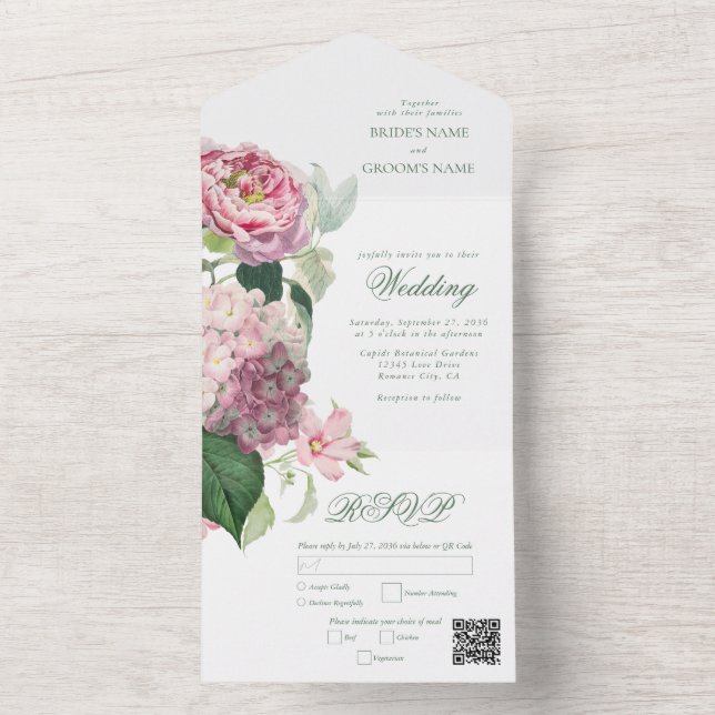 Invitation Tout En Un Aquarelle romantique Fleurs roses Mariage de jardi (À l'intérieur)