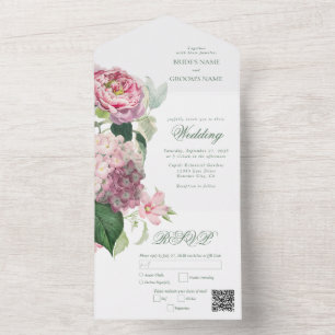 Invitation Tout En Un Aquarelle romantique Fleurs roses Mariage de jardi