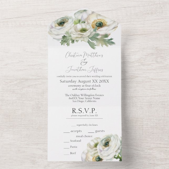 Invitation Tout En Un Aquarelle romantique Ranunculus blanc (À l'intérieur)