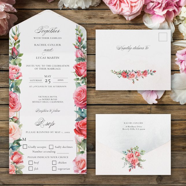 Invitation Tout En Un Aquarelle romantique Roses roses roses et calligra (Créateur téléchargé)