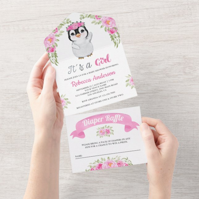 Invitation Tout En Un Aquarelle rose Baby shower de pingouin (Déchirure)