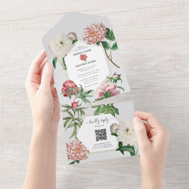 Invitation Tout En Un Aquarelle rose blanc pivoines Mariage (Déchirure)