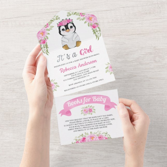 Invitation Tout En Un Aquarelle rose Floral Baby shower de pingouin (Déchirure)