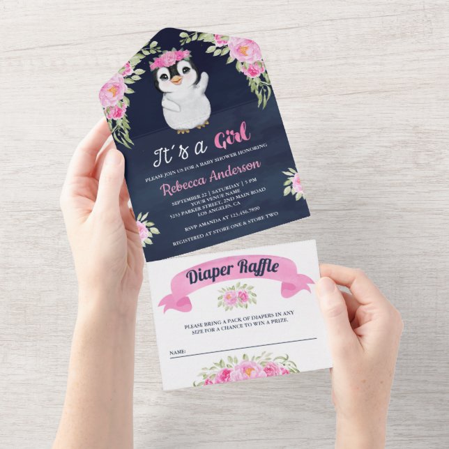 Invitation Tout En Un Aquarelle rose Floral Penguin Marine Baby shower (Déchirure)