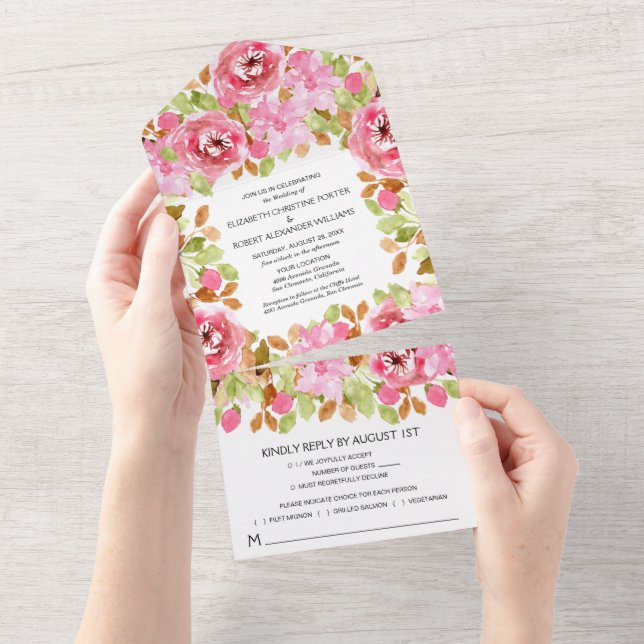 Invitation Tout En Un Aquarelle rose Mariage (Déchirure)