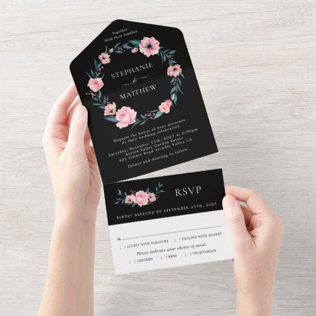 Invitation Tout En Un Aquarelle rose Mariage de couronnes florales noir (Déchirure)