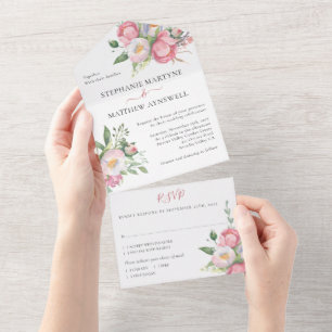 Invitation Tout En Un Aquarelle rose moderne Mariage floral