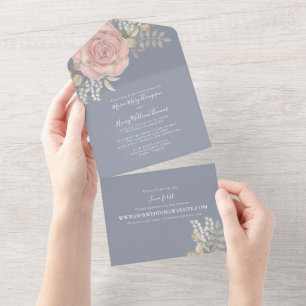 Invitation Tout En Un Aquarelle rose or Elegant Rose floral Foliage A