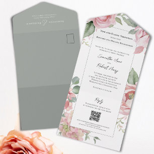 Invitation Tout En Un Aquarelle rose pâle Mariage gris