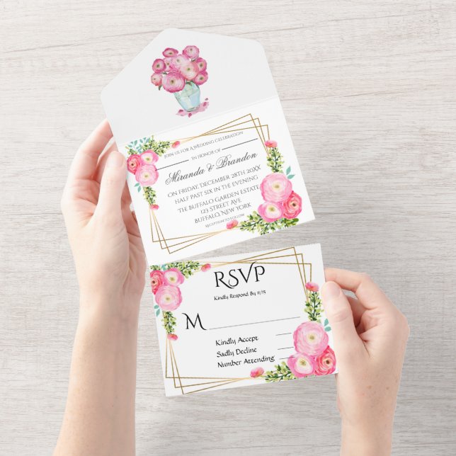 Invitation Tout En Un Aquarelle rose Peony or Mariage géométrique (Déchirure)