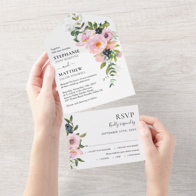 Invitation Tout En Un Aquarelle rose rose moderne Mariage floral (Déchirure)