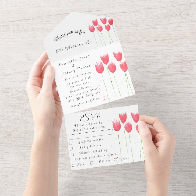 Invitation Tout En Un Aquarelle rose Tulip Printemps Mariage élégant Tou (Déchirure)
