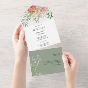Invitation Tout En Un Aquarelle Roses Orange Saumon Peintes à la Main