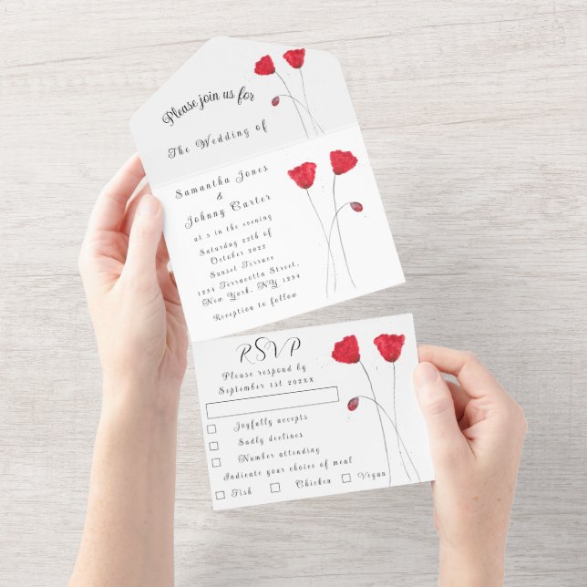 Invitation Tout En Un Aquarelle rouge Tulipe Printemps Mariage élégant (Déchirure)