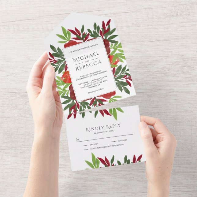 Invitation Tout En Un Aquarelle Rouge Vert Floral Feuille Jardin Mariage (Déchirure)