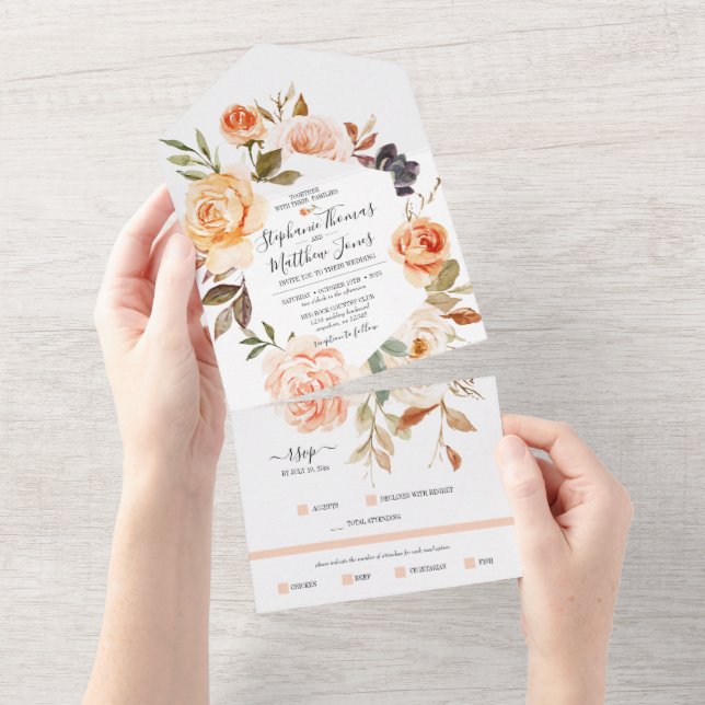 Invitation Tout En Un Aquarelle Rustique Automne Mariage Floral (Déchirure)