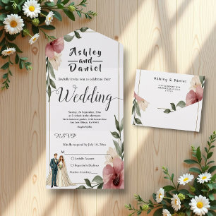 Invitation Tout En Un Aquarelle rustique Couple Floral Mariage été