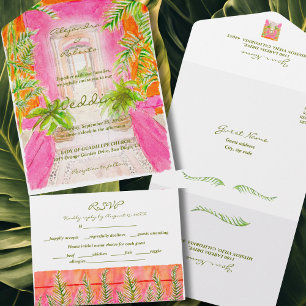 Invitation Tout En Un Aquarelle Rustique Tropical Coral Mariage rose