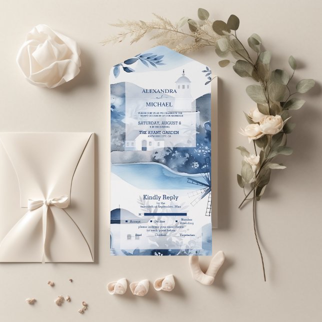 Invitation Tout En Un Aquarelle Santorin Destination Mariage (Créateur téléchargé)