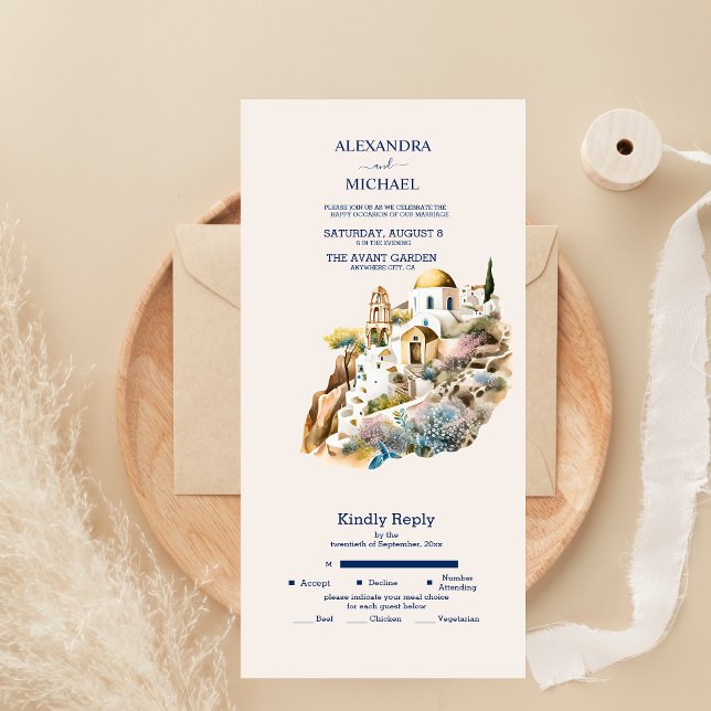 Invitation Tout En Un Aquarelle Santorin Destination Mariage Tout Le Lon (Créateur téléchargé)