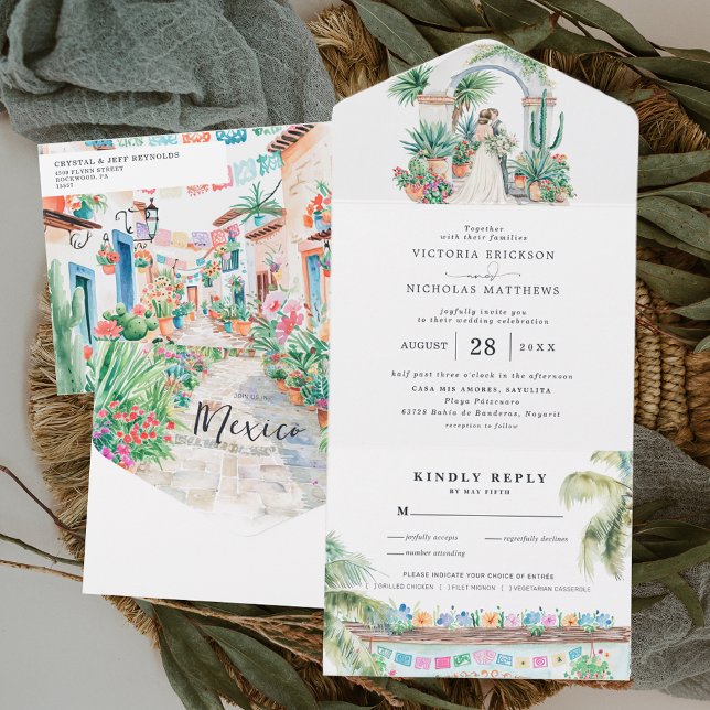 Invitation Tout En Un Aquarelle Sayulita Mexique Mariage (Créateur téléchargé)