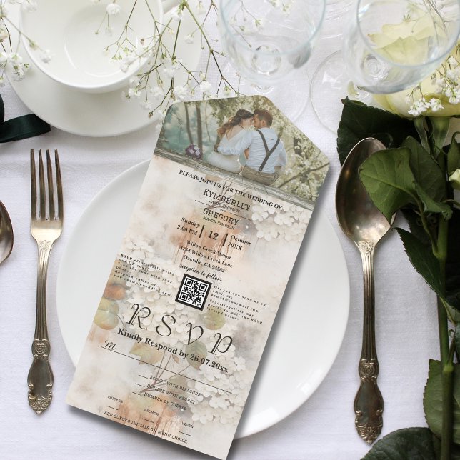 Invitation Tout En Un Aquarelle Style Blanc Hydrangea QR Code Photo (Créateur téléchargé)