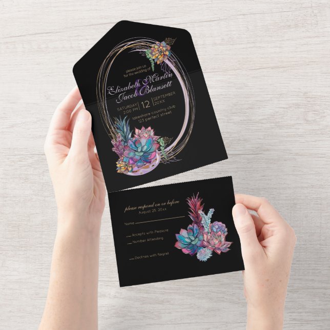 Invitation Tout En Un Aquarelle Succulente, noir (Déchirure)