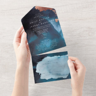 Invitation Tout En Un Aquarelle Texture Moody Rose Mariage de la Marine