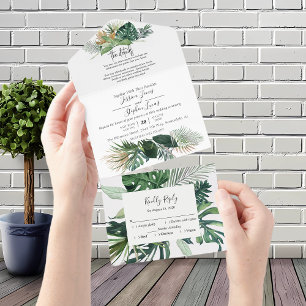 Invitation Tout En Un Aquarelle Tropical Jungle Feuilles tous en un