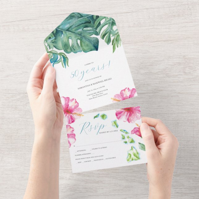 Invitation Tout En Un Aquarelle tropicale 50e anniversaire de Mariage (Déchirure)