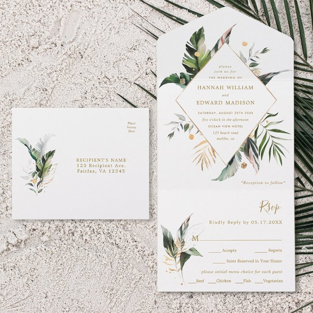 Invitation Tout En Un Aquarelle tropicale Mariage or de feuillage (Créateur téléchargé)