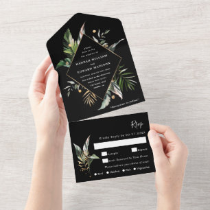 Invitation Tout En Un Aquarelle tropicale sauvage Foliage Mariage noir