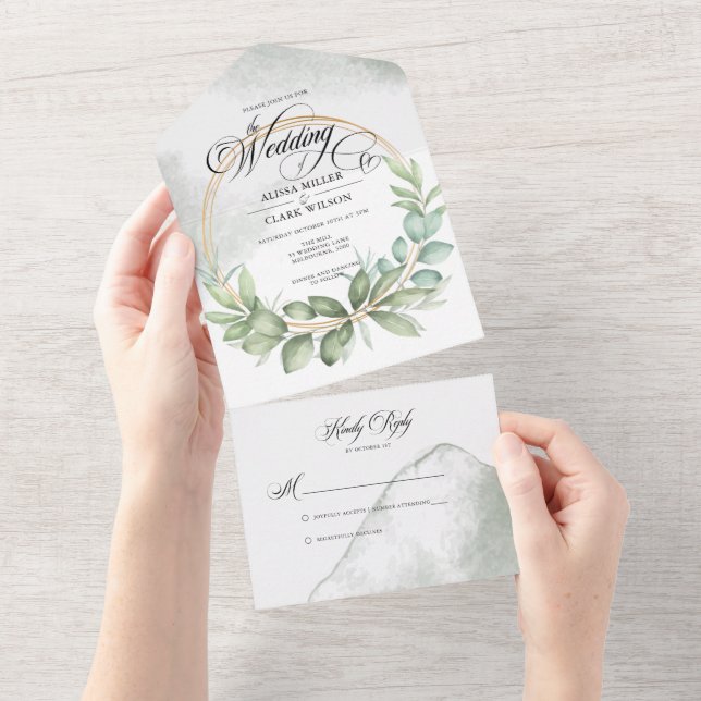 Invitation Tout En Un Aquarelle Verdure Foliage Mariage de cadre (Déchirure)