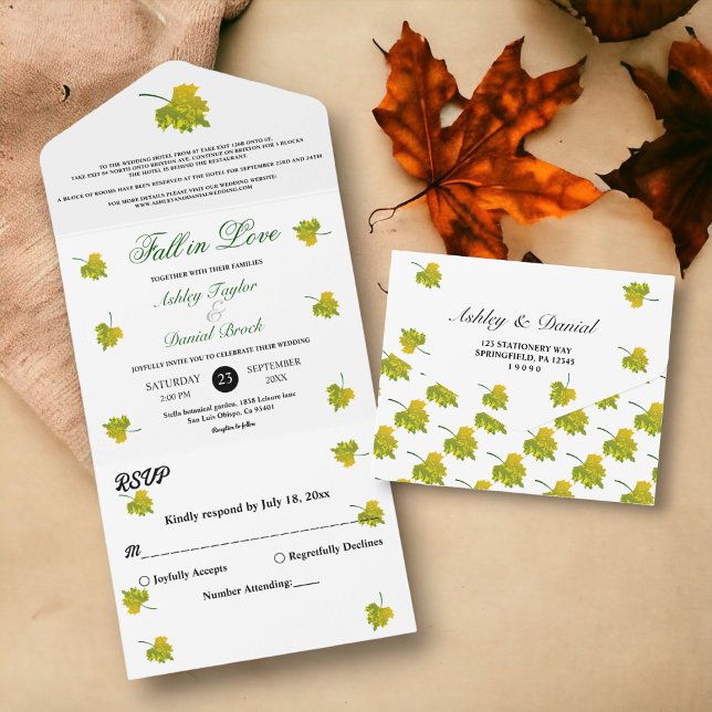 Invitation Tout En Un Aquarelle Vert Feuilles Automne Floral Mariage (Créateur téléchargé)