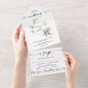 Invitation Tout En Un Aquarelle verte avec or tout en un Mariage