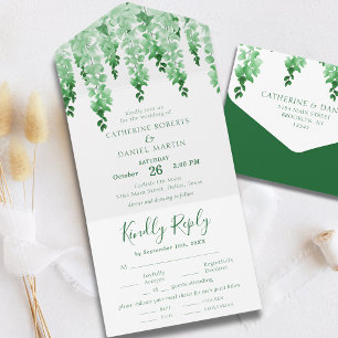 Invitation Tout En Un Aquarelle verte Émeraude foncé Mariage floral