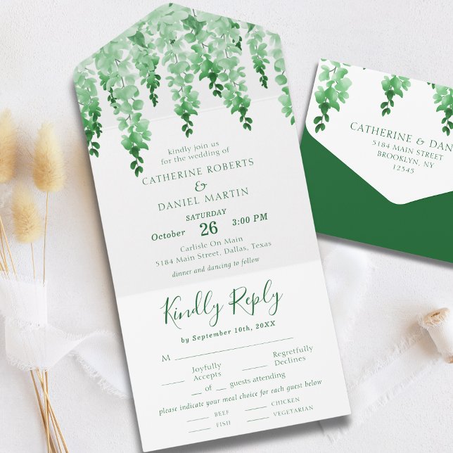 Invitation Tout En Un Aquarelle verte Émeraude foncé Mariage floral (Créateur téléchargé)