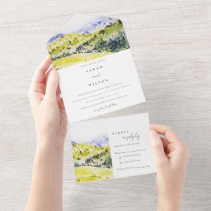 Invitation Tout En Un Aquarelle verte Jaune Campagne Hills Mariage