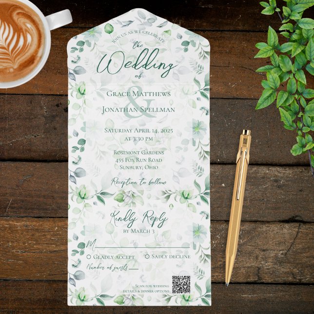 Invitation Tout En Un Aquarelle verte sur le code QR blanc (Créateur téléchargé)