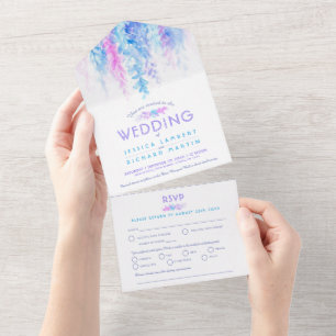 Invitation Tout En Un Aquarelle vigne bleu rose pourpre repas RSVP