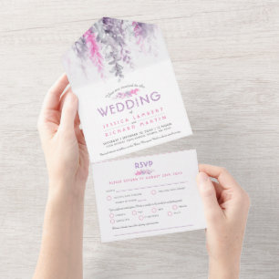 Invitation Tout En Un Aquarelle vigne indigo rose violet repas RSVP