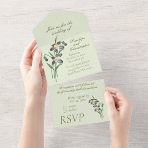 Invitation Tout En Un Aquarelle vintage Violets Sage Vert Mariage
